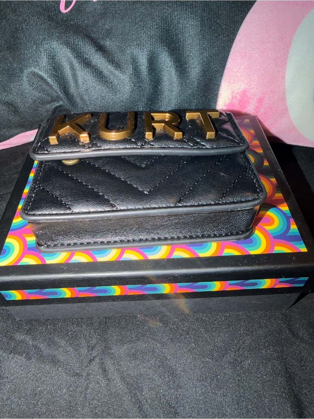 Kurt Geiger Black Quilted Leather Mini Crossbody with Gold Lettering